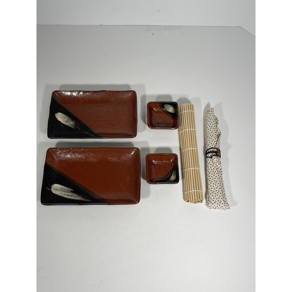 Vintage 12 Pc Hand Painted Japanese Sushi Set Plates Chopsticks‎ Mat Stoneware